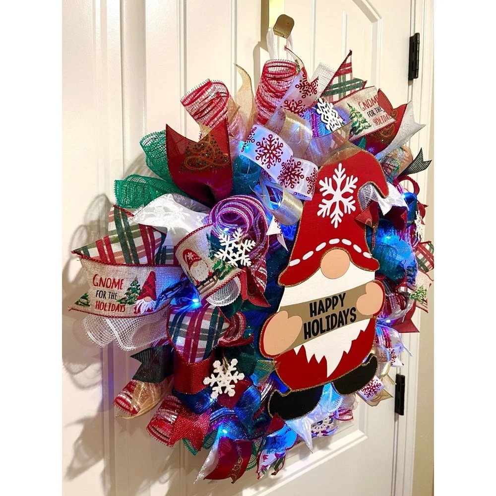 Christmas Snowflake Gnome Holiday Ribbon Door Wreath Handmade 22 ins LED W7